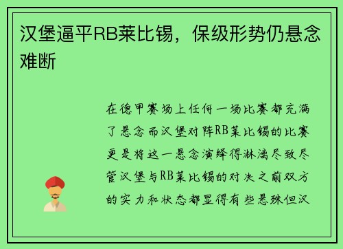 汉堡逼平RB莱比锡，保级形势仍悬念难断