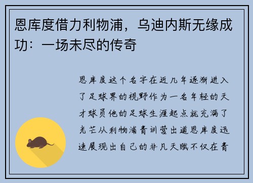恩库度借力利物浦，乌迪内斯无缘成功：一场未尽的传奇